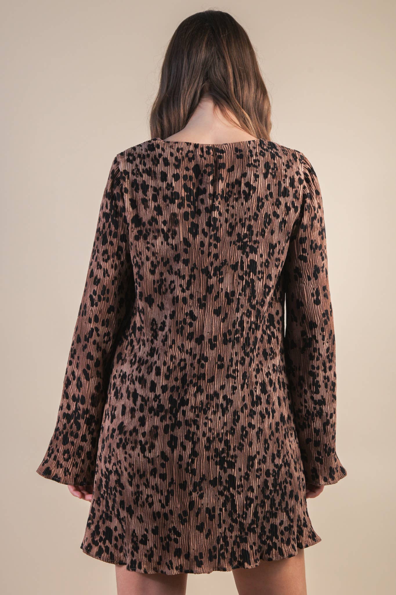 Mocha Leopard Printed Pleated Mini Dress