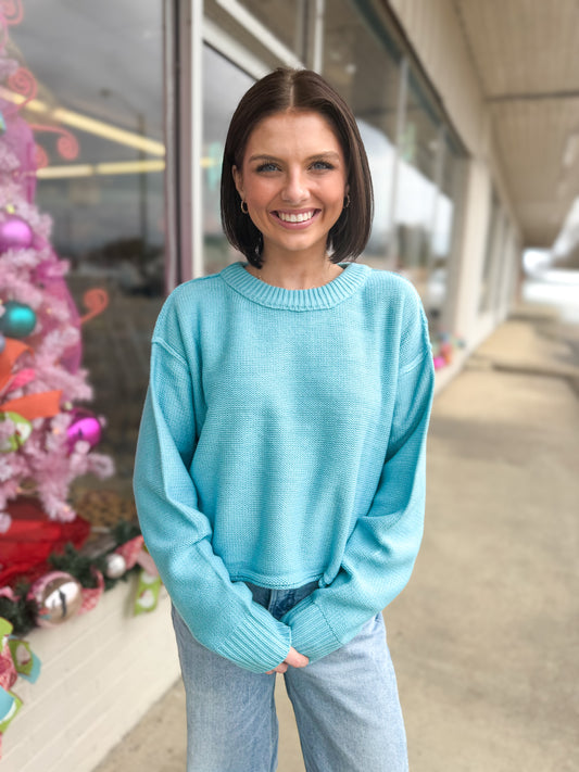 Sky Blue Cropped Oversized Sweater