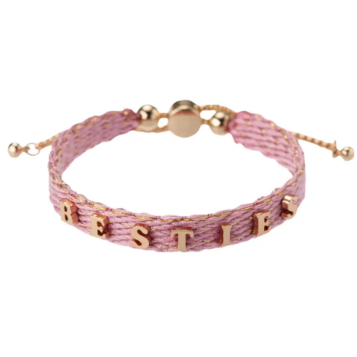 Kids Pink Woven Thread Bracelet W/ Gold “Besties”