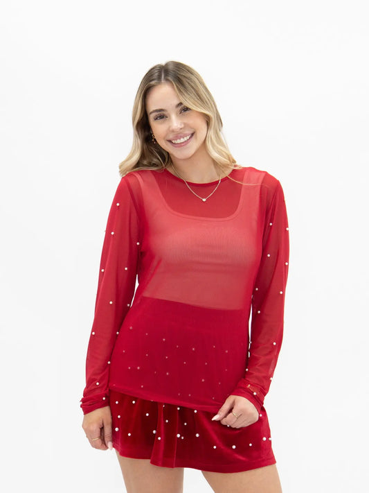 Mesh Long Sleeve Top W/ Pearls - Red