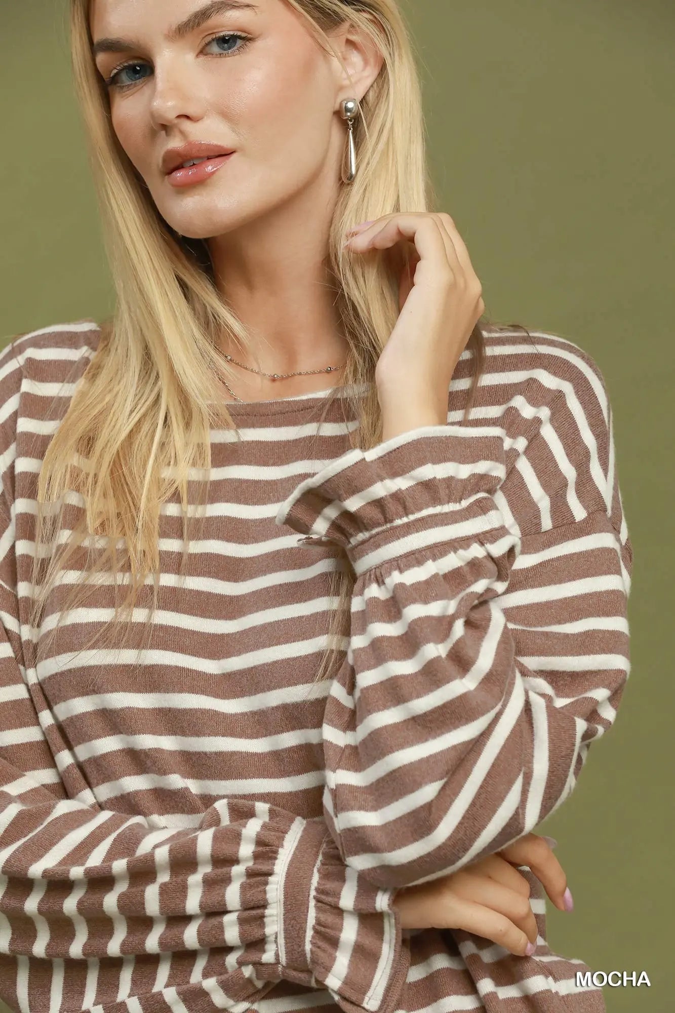 Striped Mocha Ruffle Cuff Knit Top