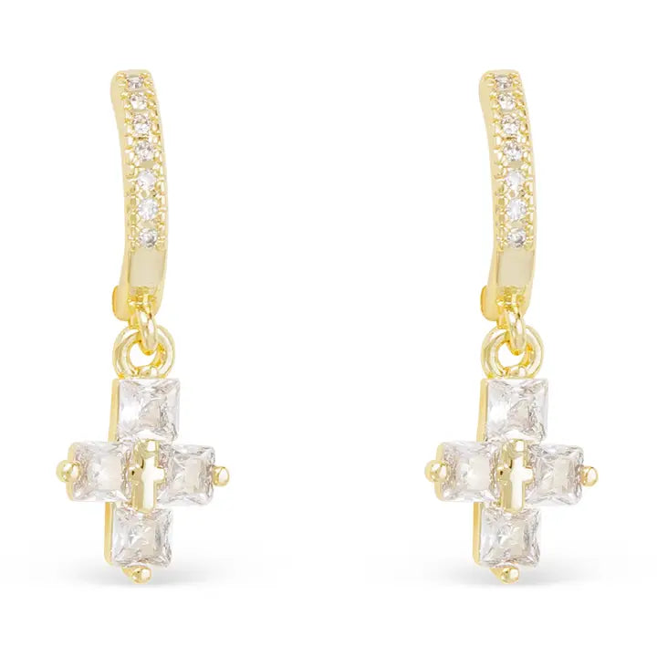 Gold Hoop Small Baguette Cross Drop Earrings