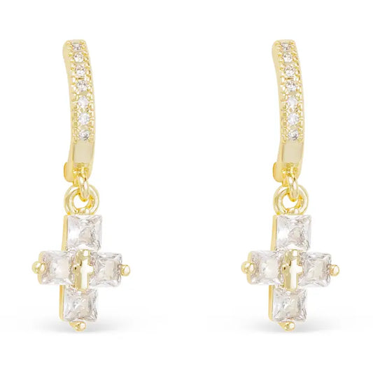 Gold Hoop Small Baguette Cross Drop Earrings