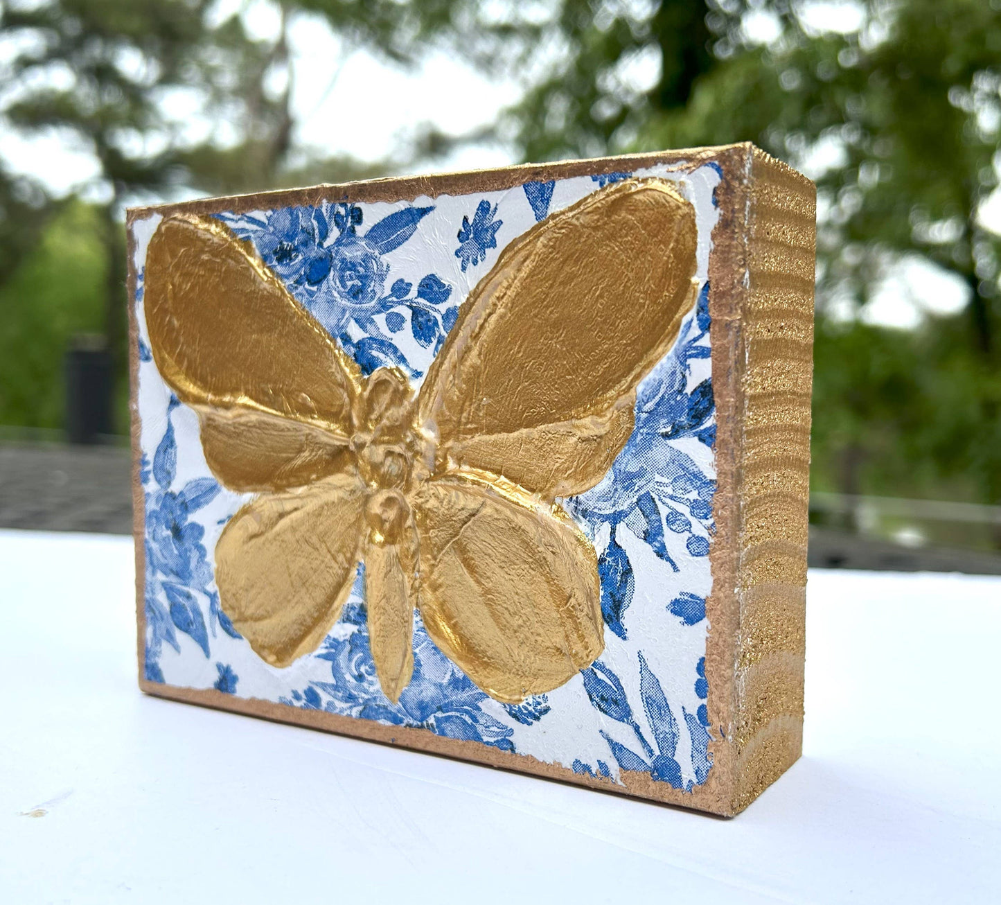 Chinoiserie Art Blocks |  botanicals blue white bridal tea: 4x5 butterfly