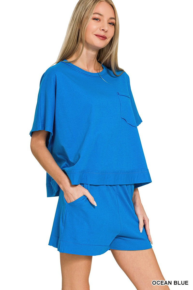 Exposed Seam Boxy Top & Short Set - Ocean Blue