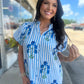 Stripe Floral Smocked V Neck Puff Sleeve Blouse