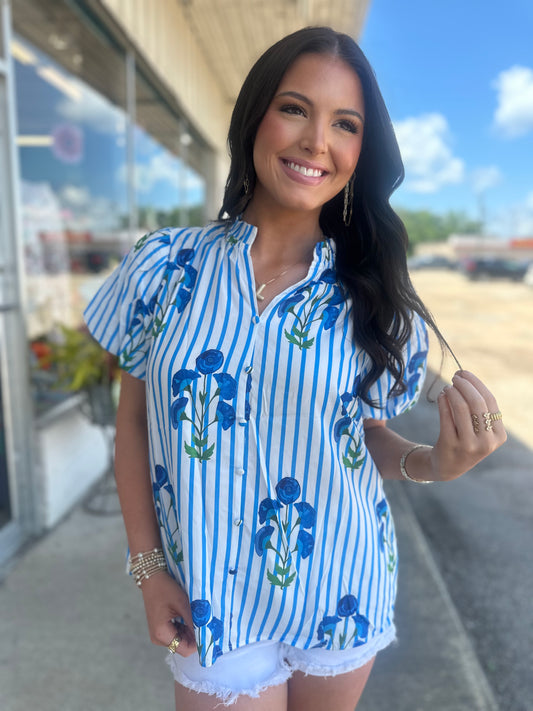 Stripe Floral Smocked V Neck Puff Sleeve Blouse