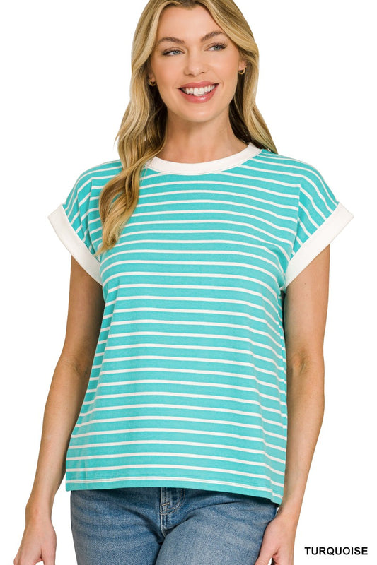 Turquoise Cap Sleeve Stripe Top