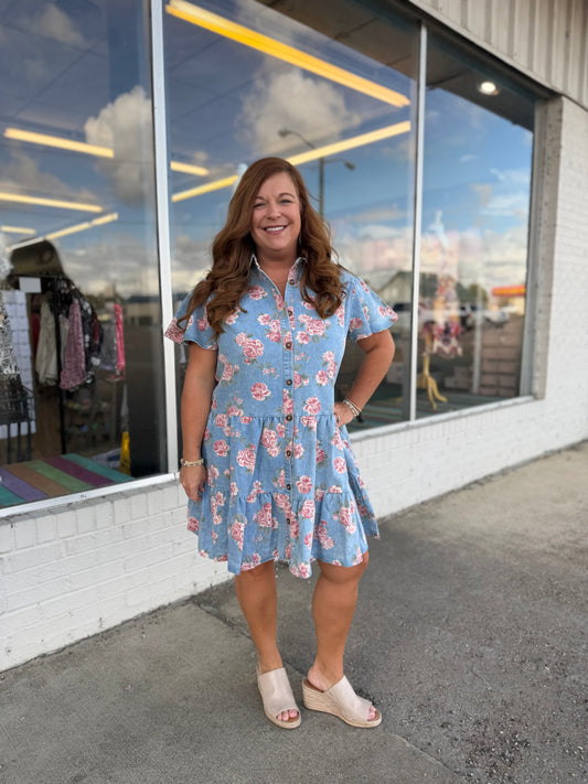 Floral Print Denim Dress