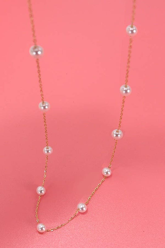 TITANIUM  STEEL NON-TARNISH PEARL STATION NECKLACE