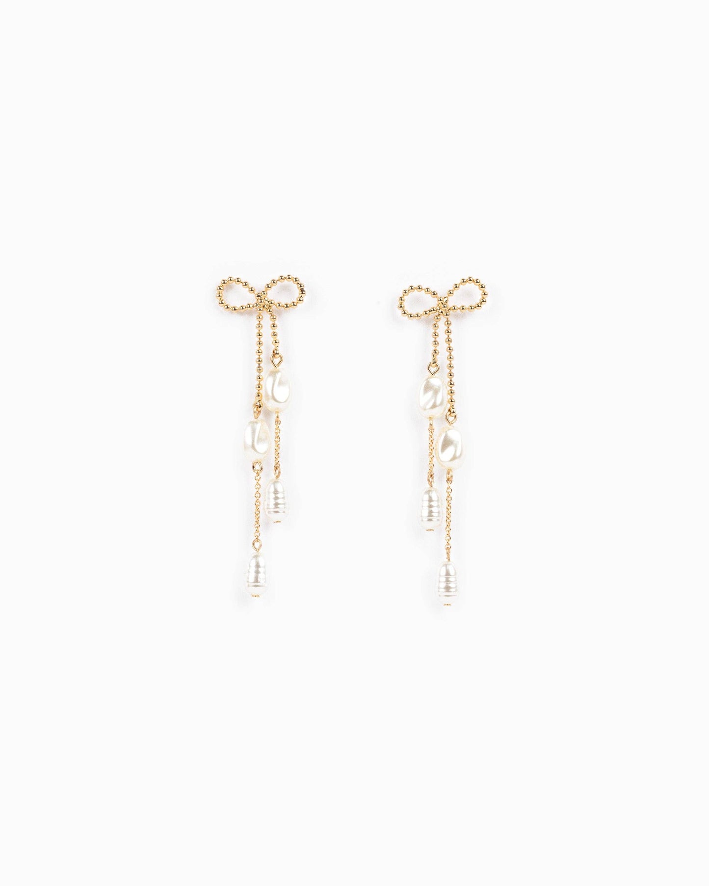 Long Bow Pearl Deco Drop Earrings: Gold