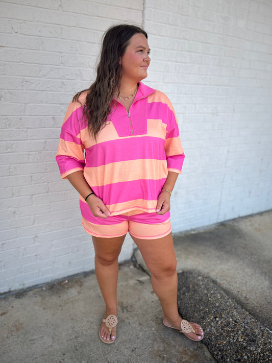 Half Zip Tee / Casual Short Set - Pink Stripe