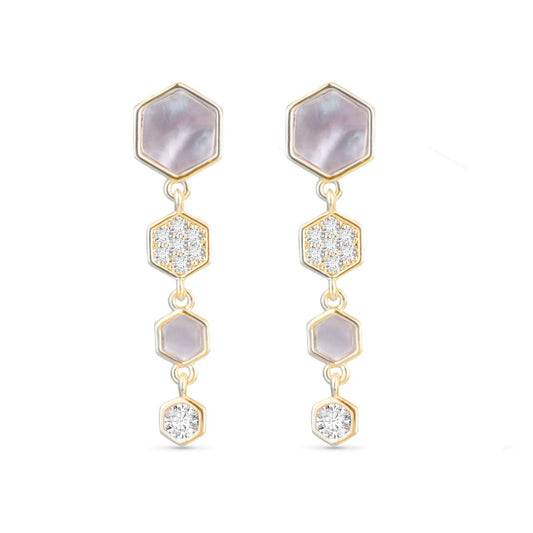Mother of Pearl and CZ Hexagon Drop Earrings -  Gold