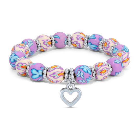 Kids Clay Beaded Stretch Charm Bracelets  |  Lt Purple & White