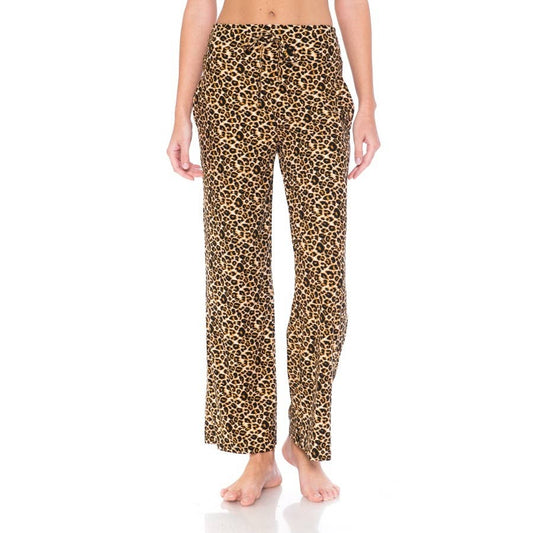 Tan & Black Leopard Print Pajama Pants with Drawstring