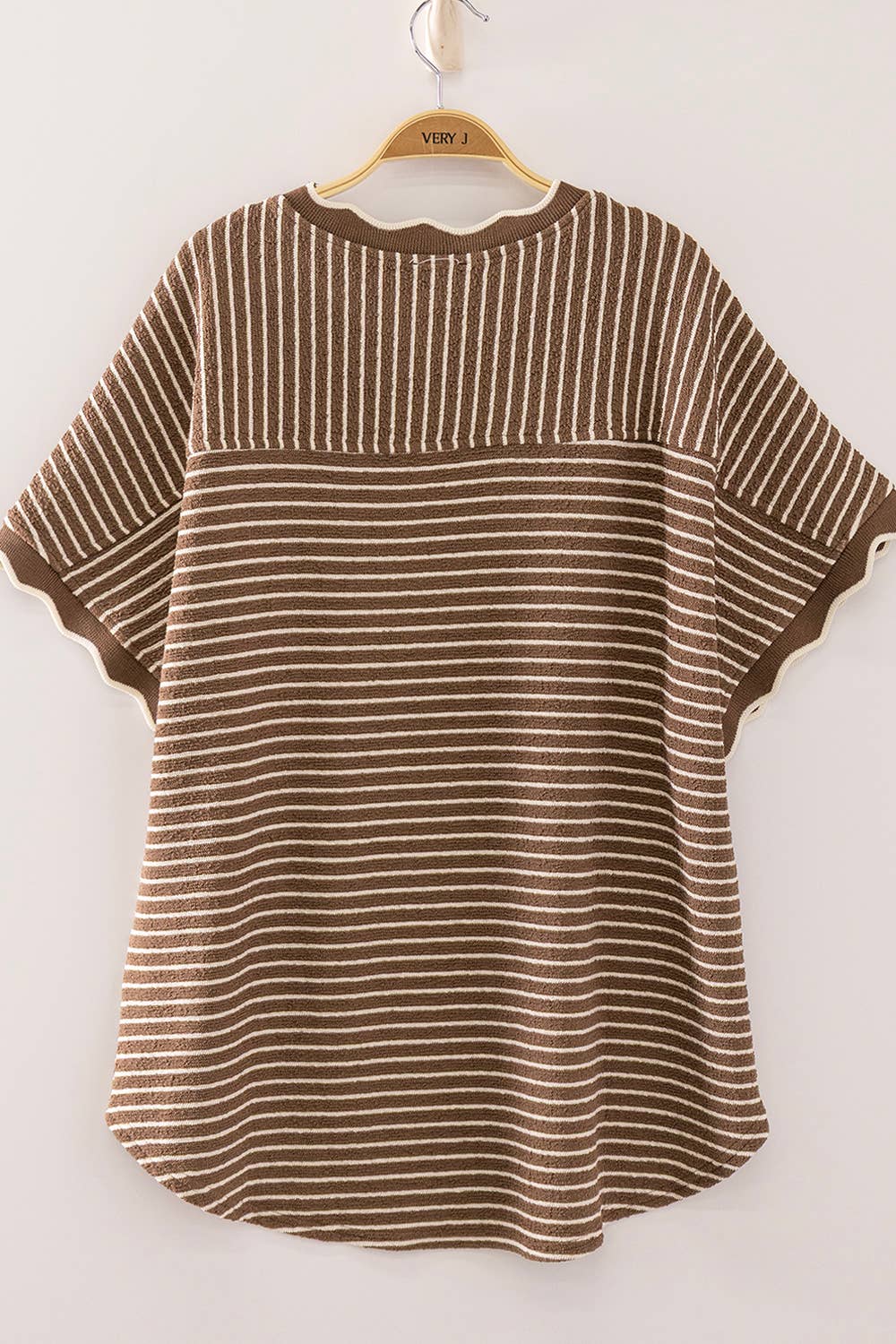 Mocha Stripe Scallop Trim Stripe Knit Top