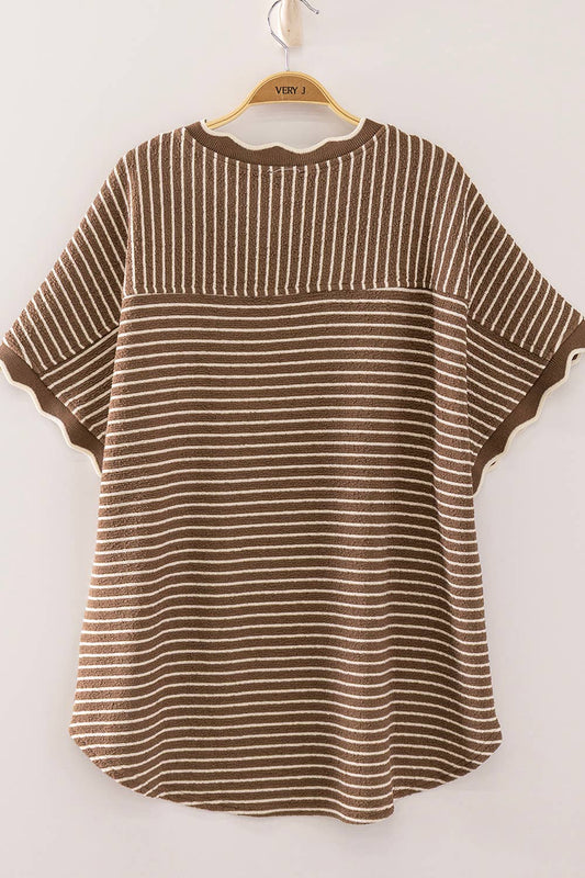 Mocha Stripe Scallop Trim Stripe Knit Top