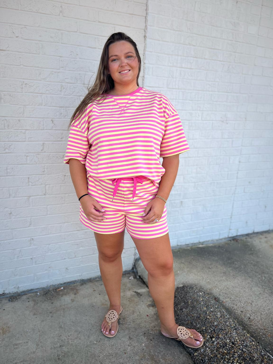 Stripe Contrast Trim Boxy Terry Short Set - Rose Stripe