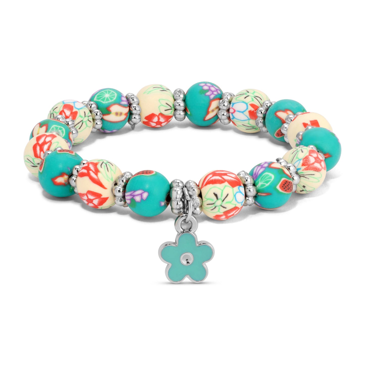 Kids Clay Beaded Stretch Charm Bracelets  |  Teal & White Floral+teal heart clover charm
