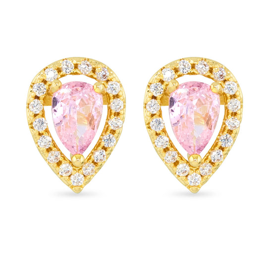 Pink Pear Halo Earring - Gold