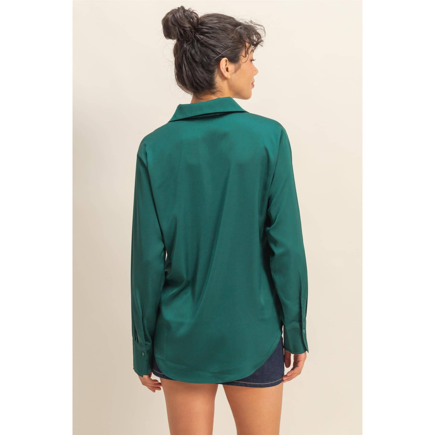 Dark Green Button-Up Satin Shirt With Collared Neckline