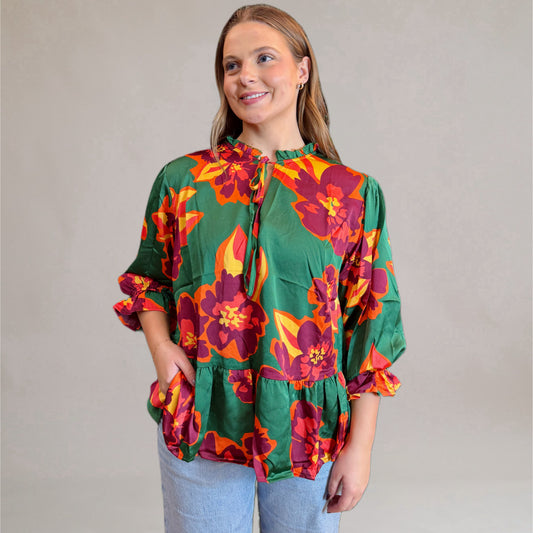 V-Neck Green Mix Blouse