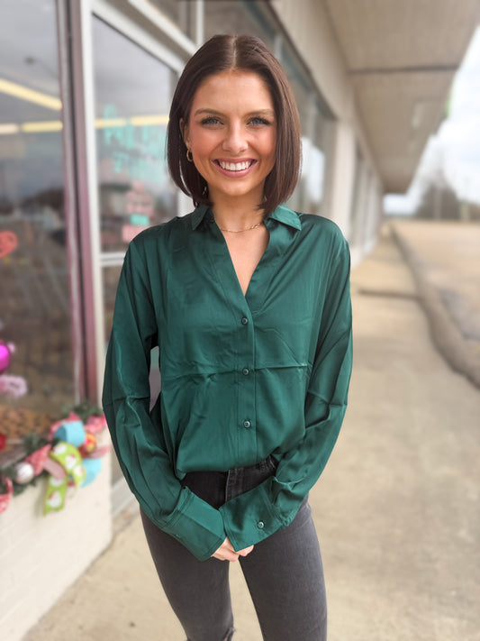 Dark Green Button-Up Satin Shirt With Collared Neckline