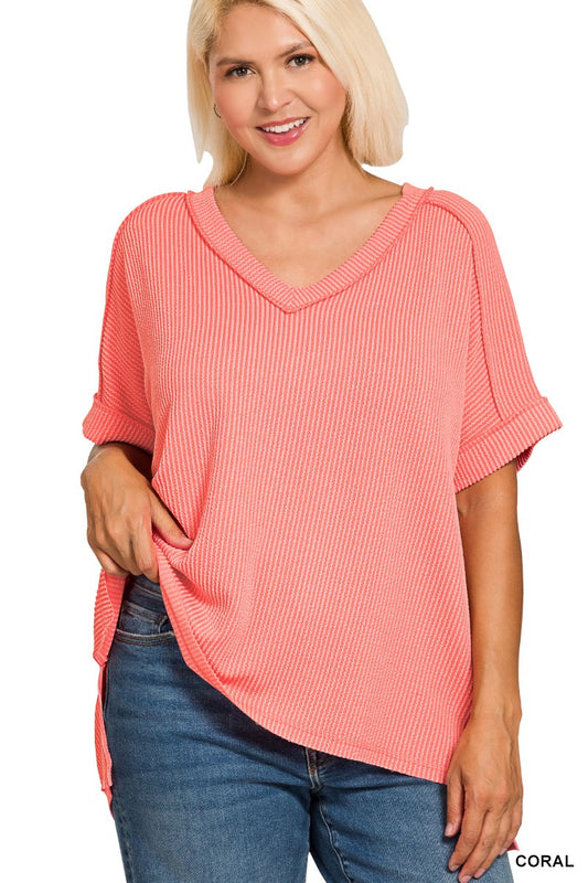 Rib Short Sleeve V-Neck Top - Coral +