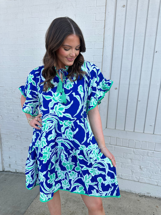 Green & Royal Floral Print Mini Dress