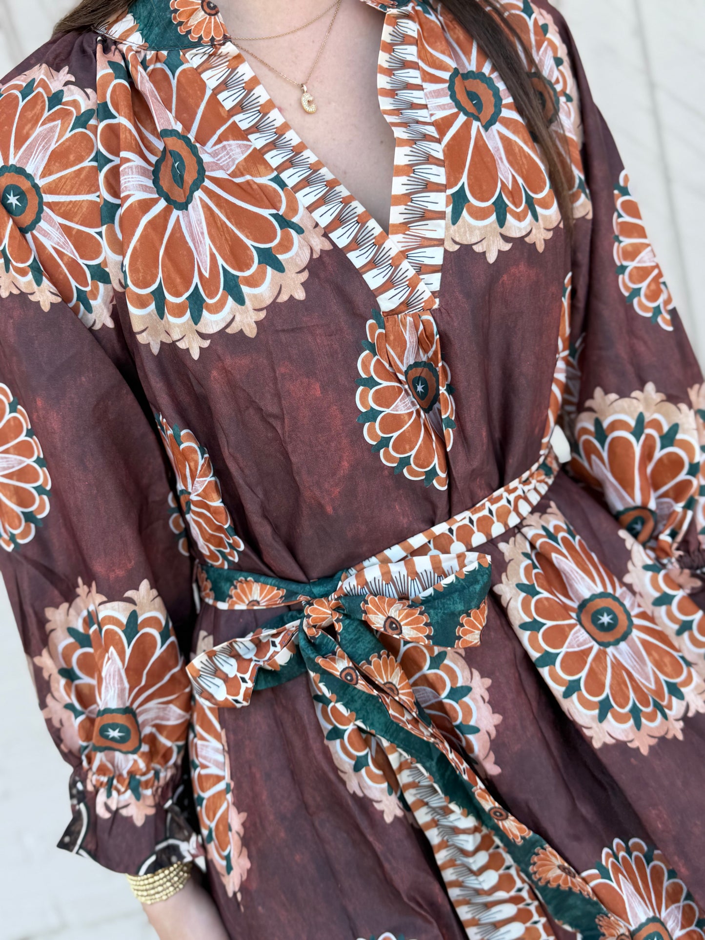 Rust Abstract Print Midi Dress