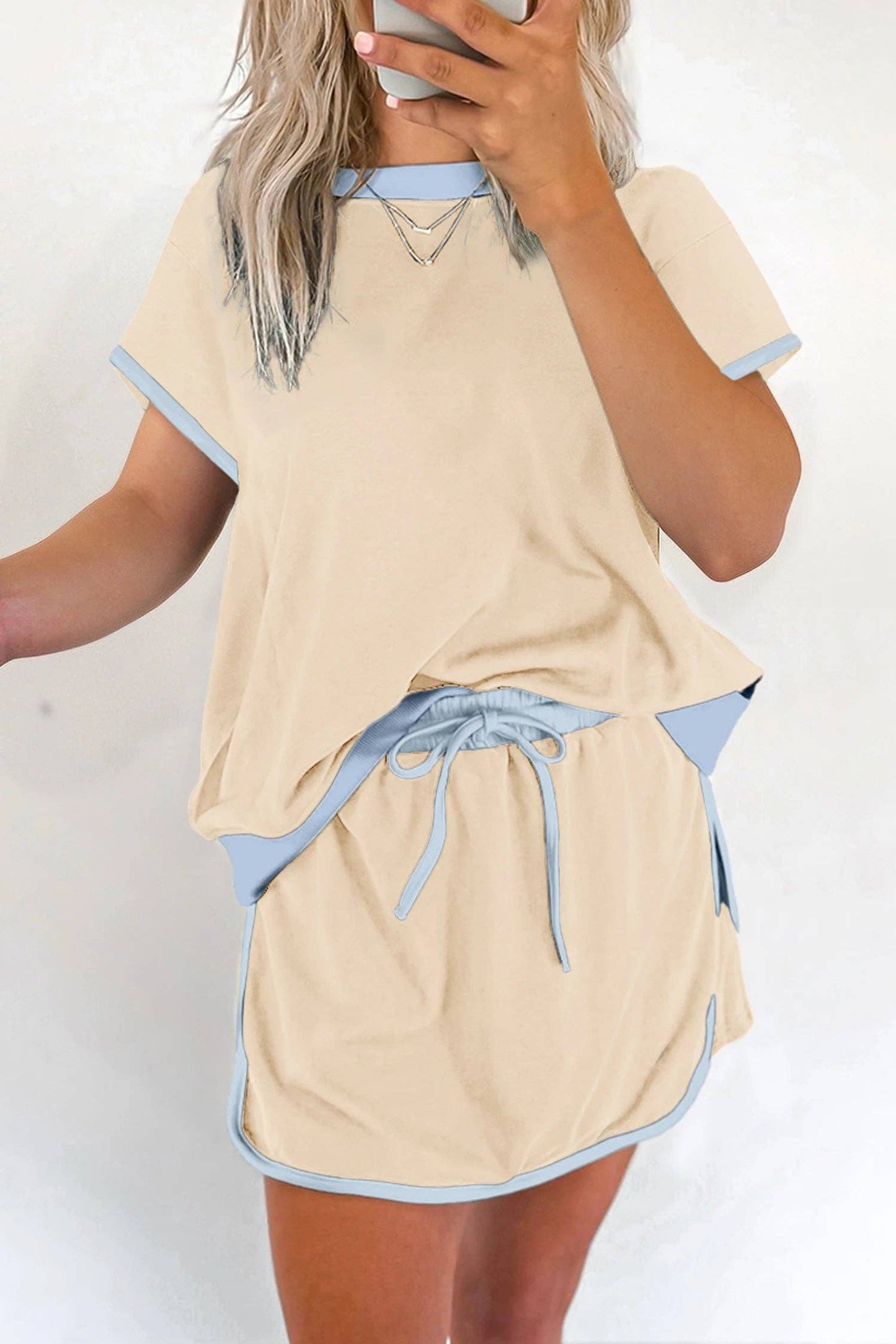 Colorblock T Shirt and Skort Set - Apricot