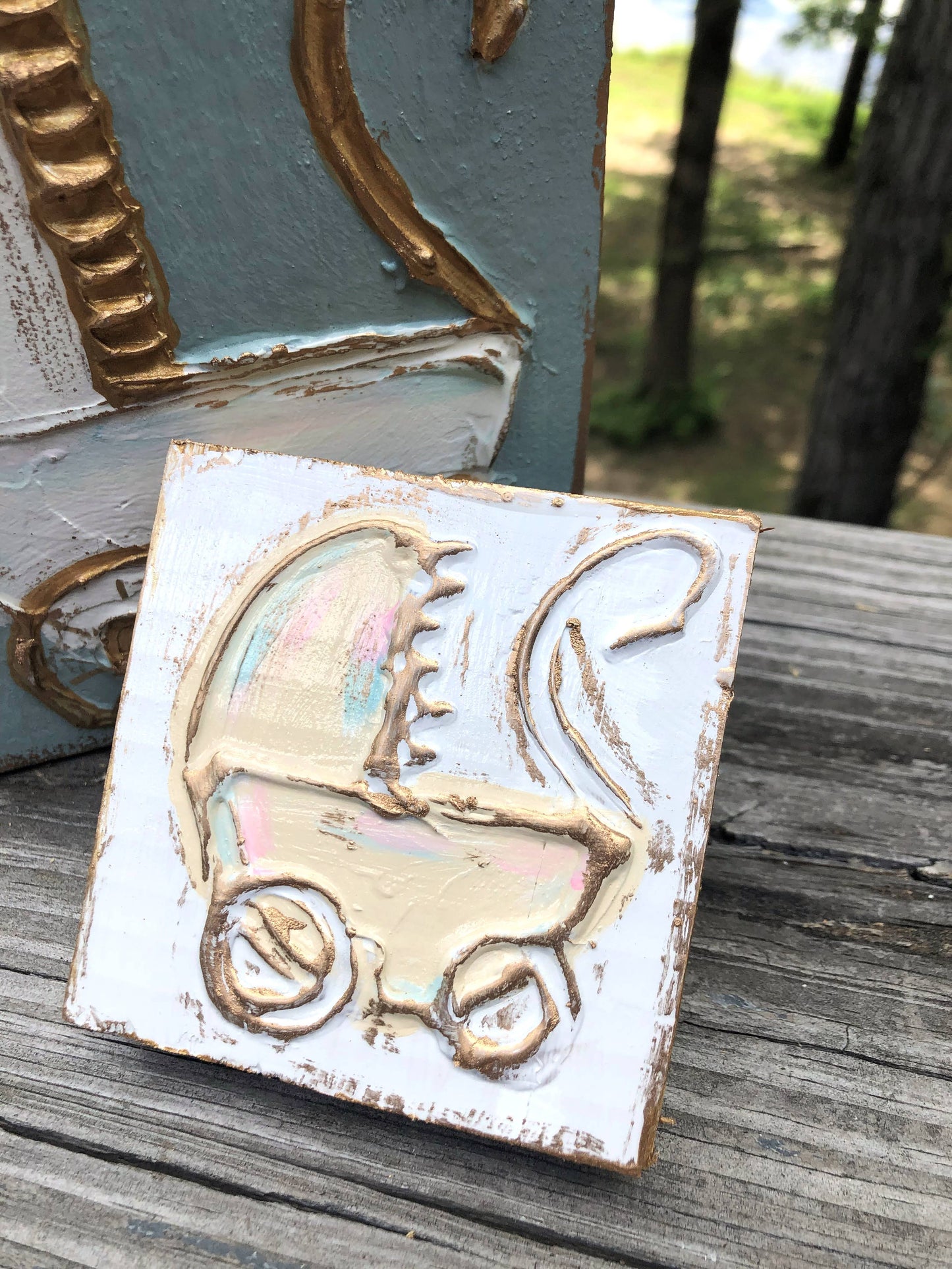 Baby Carriage handmade textured wood block - 6x6