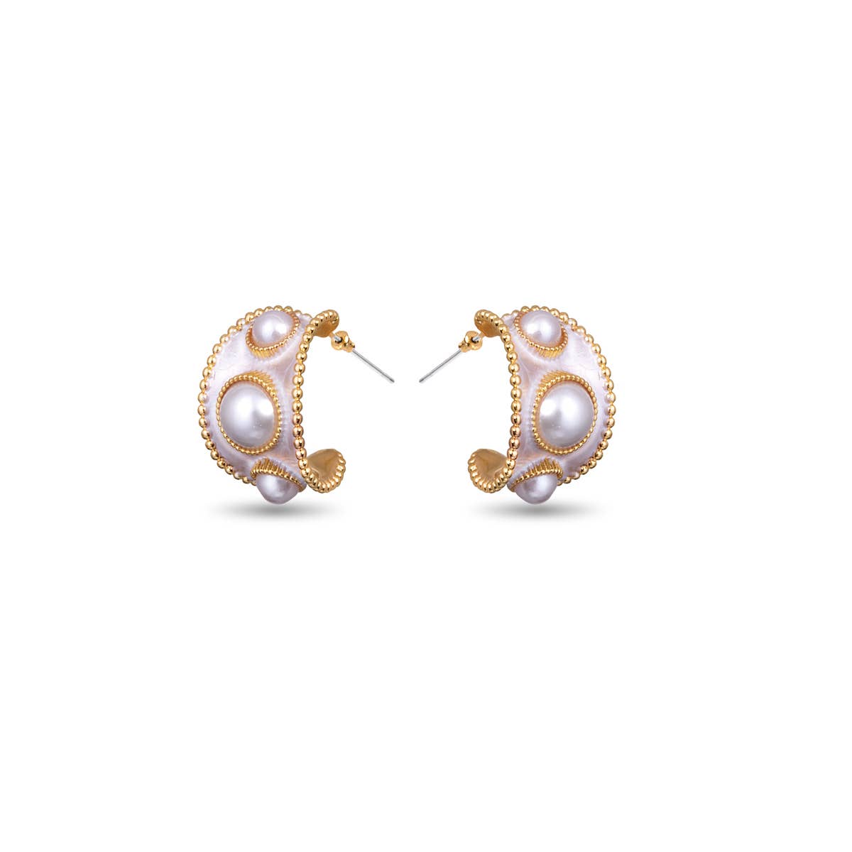 Pearl and Enamel Huggie Earrings -  Gold