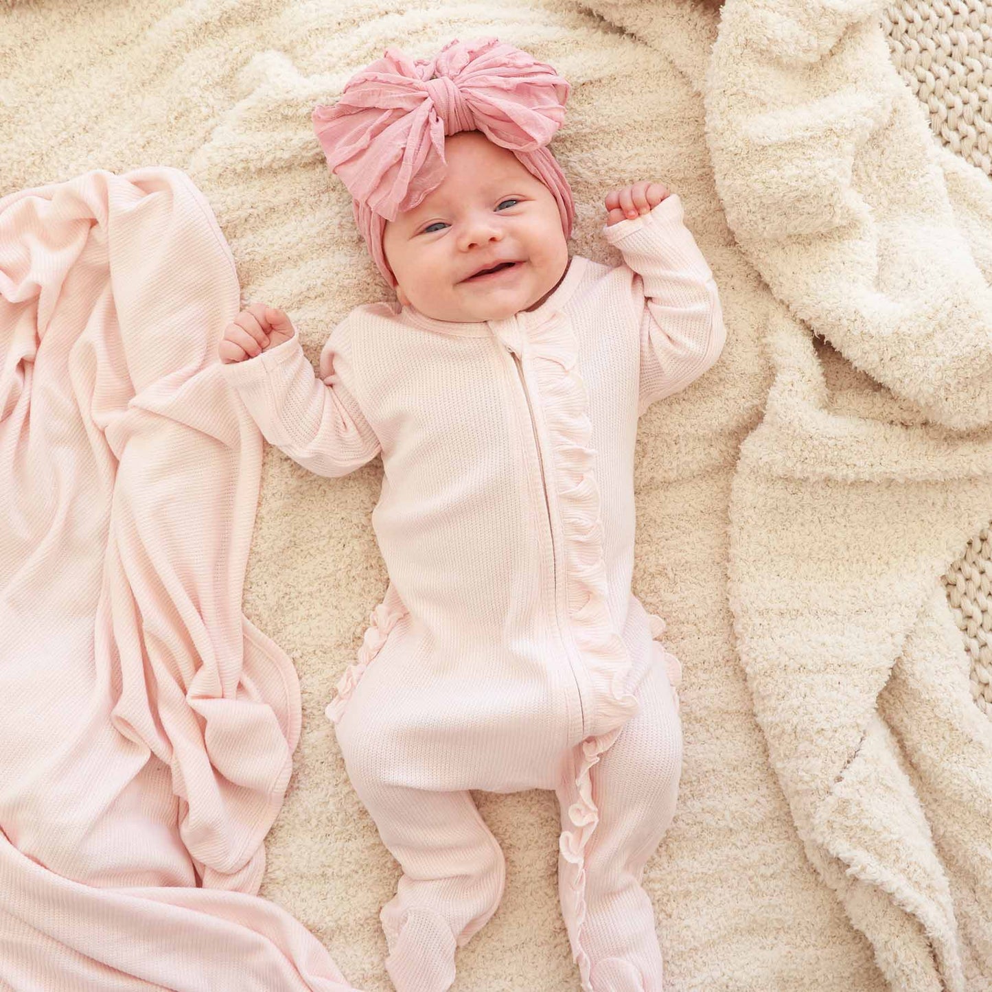 Pearl Pink Bamboo Waffle Zipper Ruffle Footie