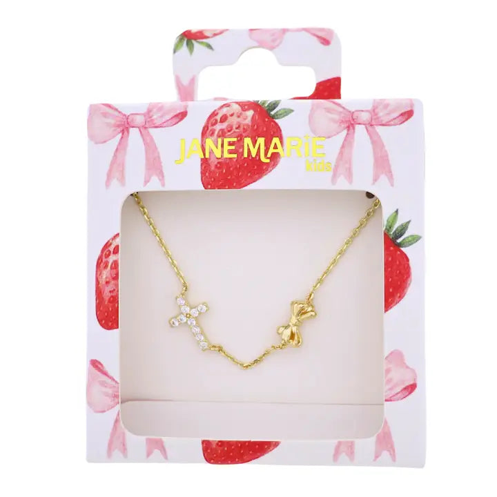 Crystal Cross Necklace W/ Bow Accent