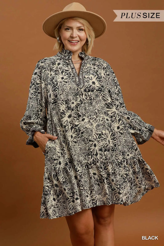 Black Floral Print Tiered Dress +