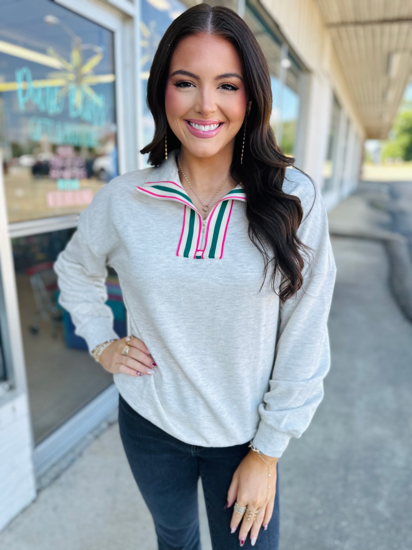 Pop of Color Collared Patchwork Pullover Sweatshirt