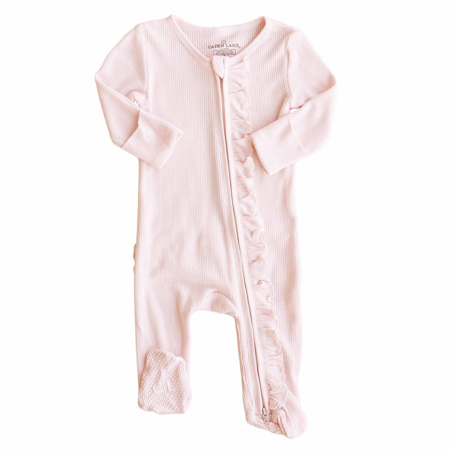 Pearl Pink Bamboo Waffle Zipper Ruffle Footie