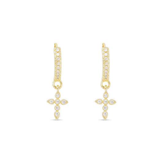 Gold Hoop Small Cross Drop Earrings