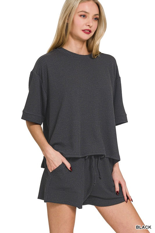 Rib Short Sleeve & Short Set - Black