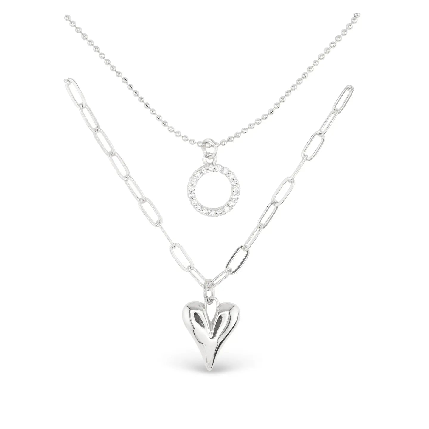 Silver Dual Layer Circle Heart Necklace