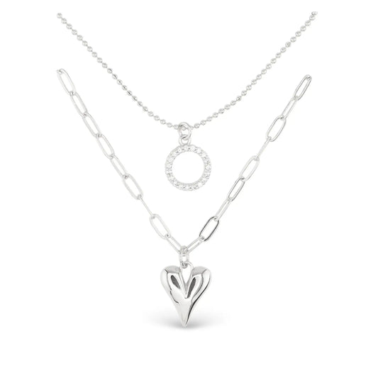 Silver Dual Layer Circle Heart Necklace