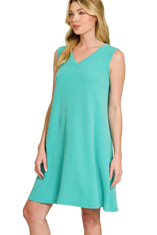 Raised Rib Sleeveless Mini Dress - Turquoise