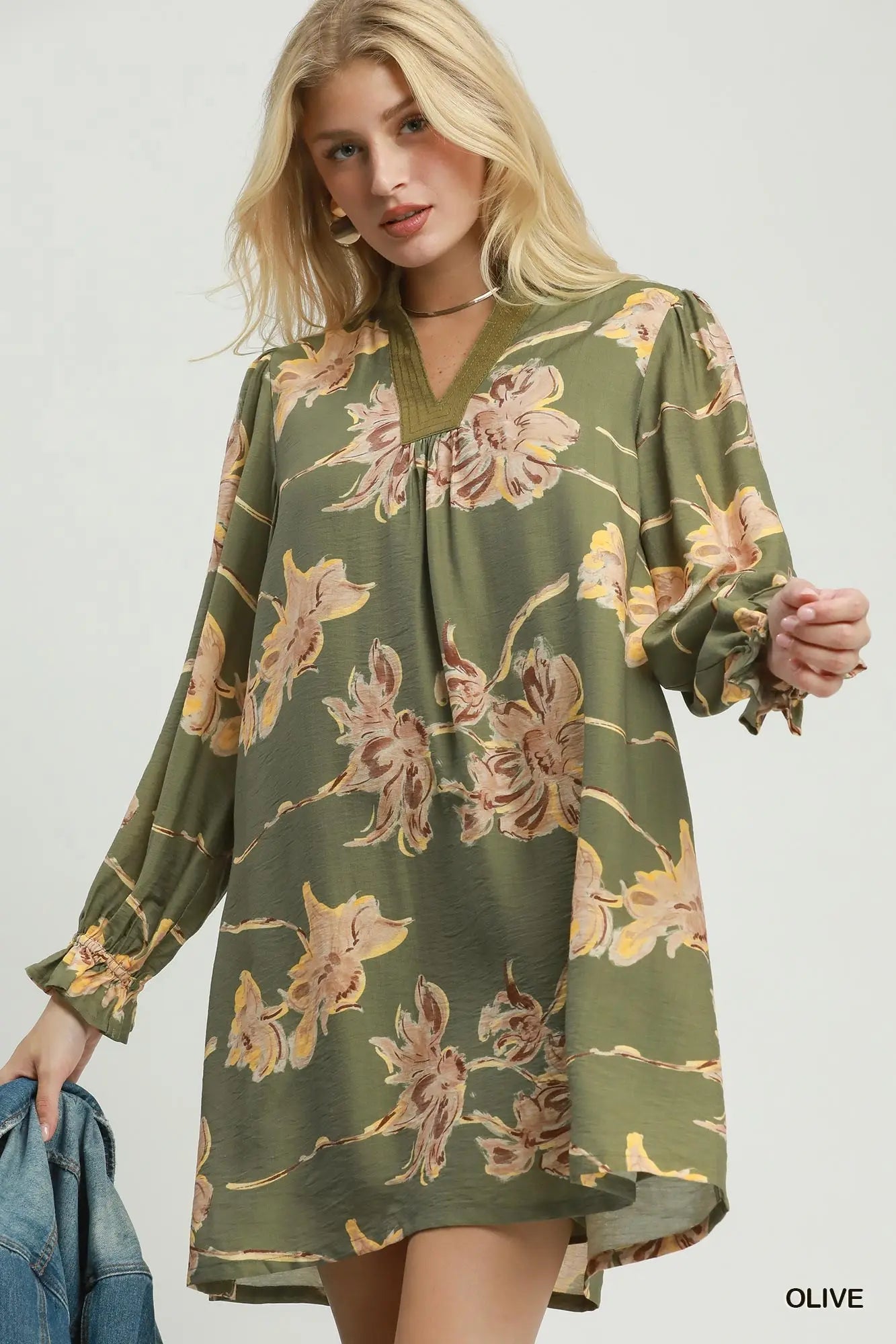 Olive Corduroy Floral V-Neck Shift Dress