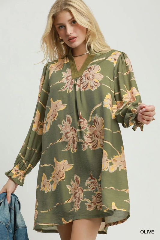 Olive Corduroy Floral V-Neck Shift Dress