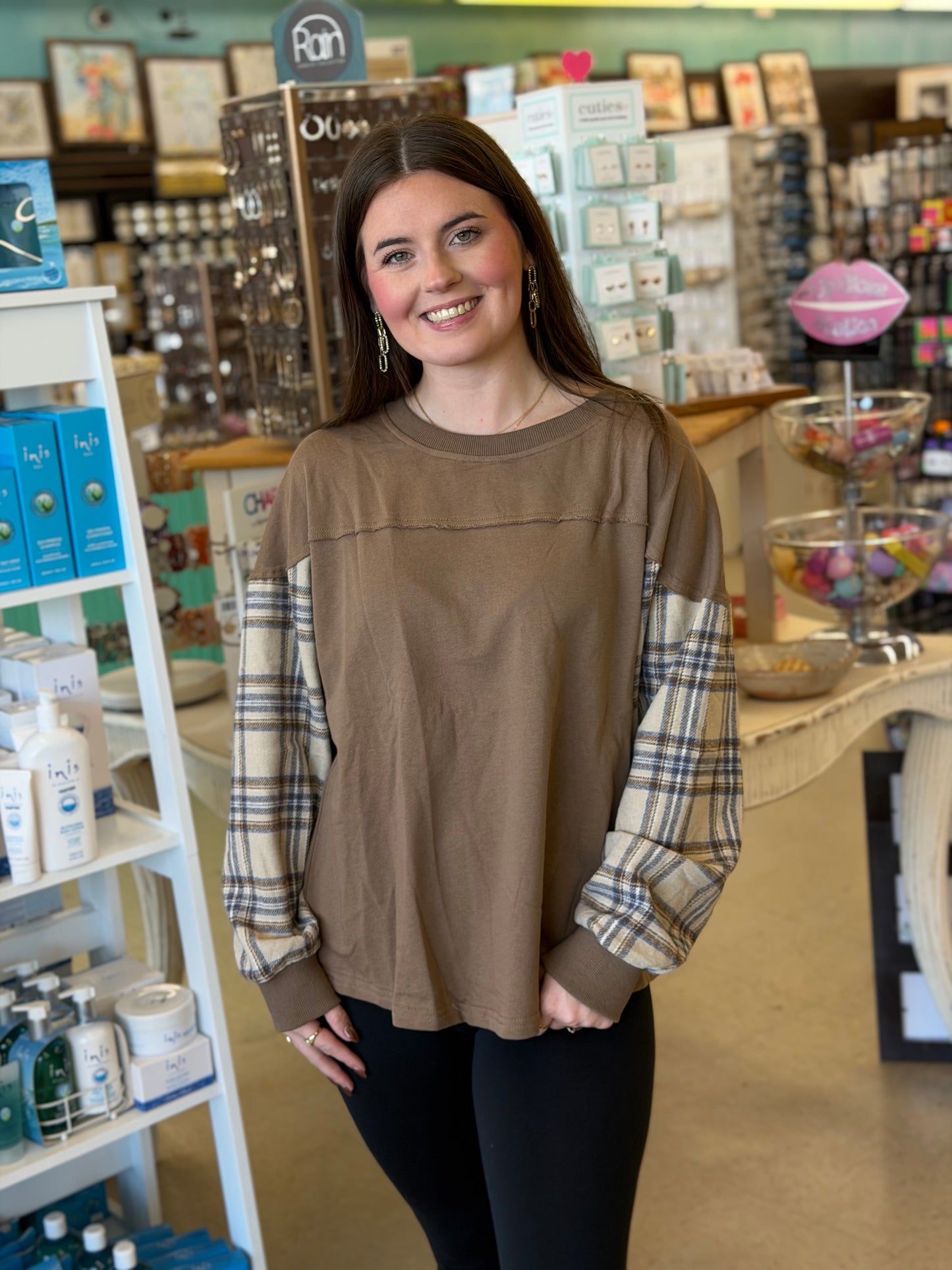 Mocha Plaid Sleeve Pullover