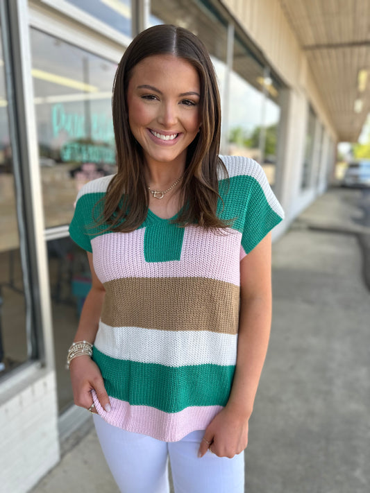 Multicolour Color Block Notch V Neck Sweater T Shirt