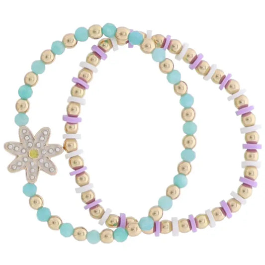 Kids Set of 2 Beaded Stretch Bracelet W Daisy Charm