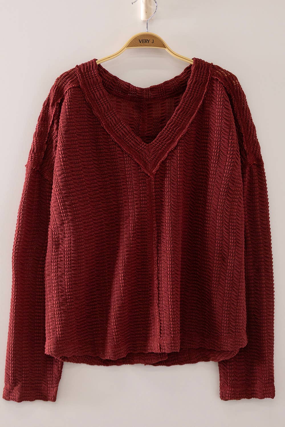 Burgundy Open Weave V-Neck Top