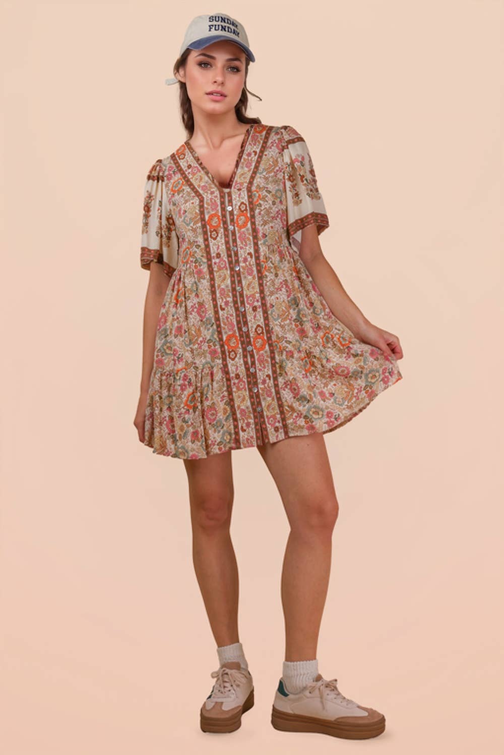 Shirring Detail Printed Woven Mini Dress